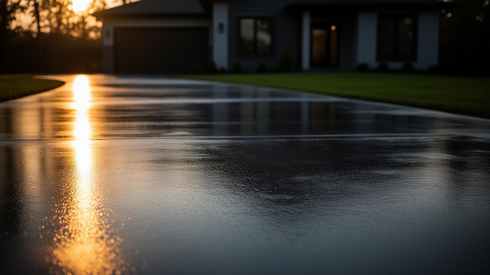 Freshly sealed concrete driveway with rich wet-look finish at sunset